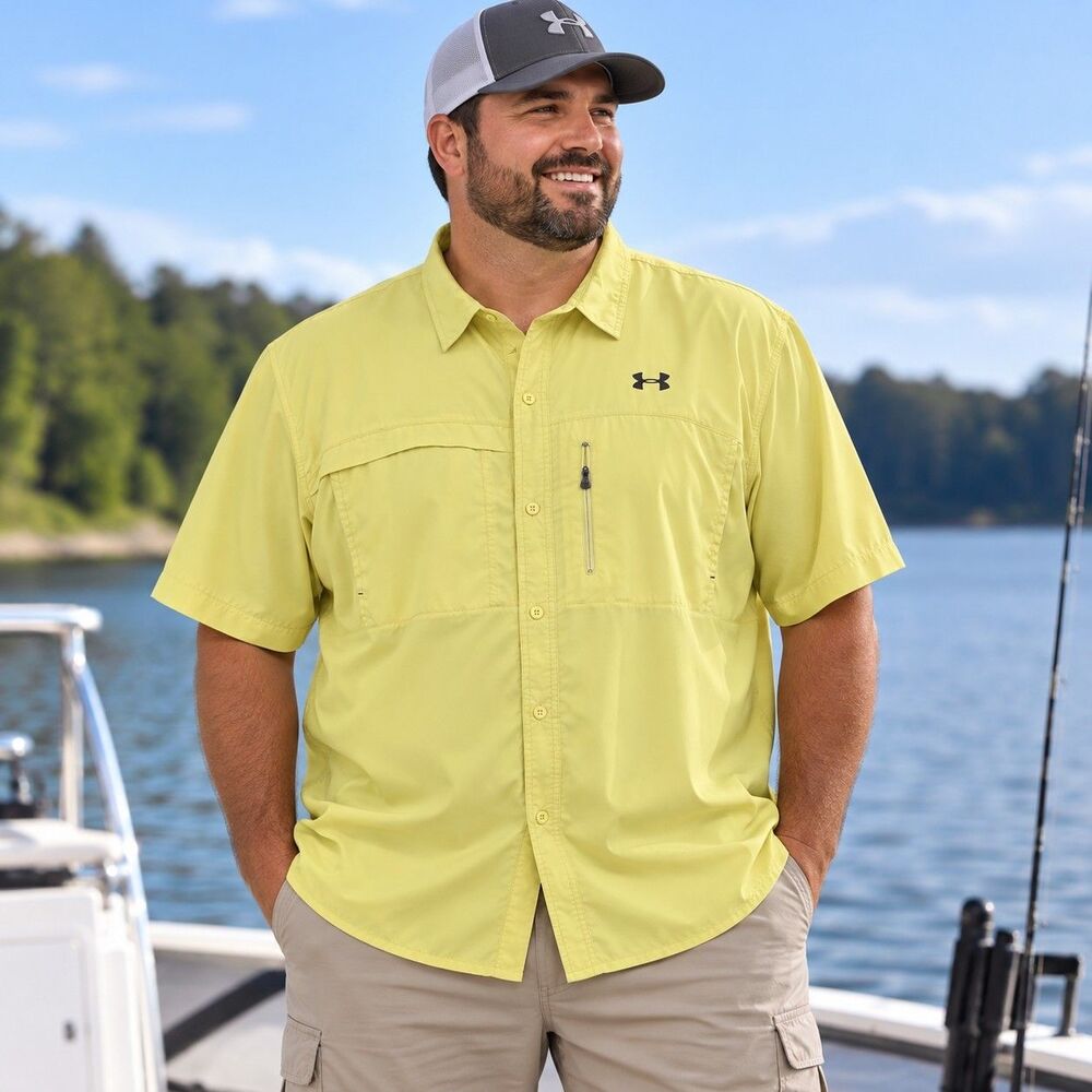 Under Armour HeatGear Mens 3XL Yellow Fishing Shirt Vented Short Sleeve Outdoor